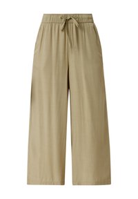 Luźne spodnie z szerokimi nogawkami w kolorze khaki, z elastyczną talią z troczkiem, gładką teksturą i bez widocznych kieszeni.