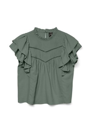 Green short-sleeve blouse featuring ruffled sleeves, pleated design, and a round neckline. Soft fabric with a relaxed fit.