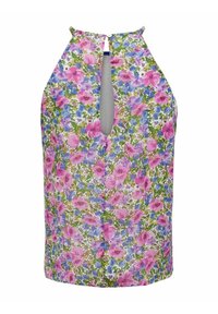 Haut sans manches à col halter avec une ouverture en forme de goutte d'eau à l'avant et un motif floral rose, violet, bleu et vert sur fond blanc.