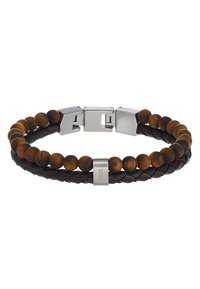 Bracciale a doppio strato con pelle nera intrecciata e perle di occhio di tigre marroni. Chiusura in tonalità argento con dettaglio inciso "FOSSIL".