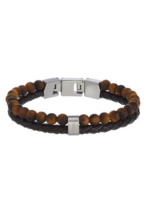 Dual-layer bracelet featuring braided black leather and brown tiger's eye beads. Silver-tone clasp with engraved "FOSSIL" detail.