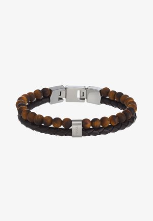 Dual-layer bracelet featuring braided black leather and brown tiger's eye beads. Silver-tone clasp with engraved "FOSSIL" detail.