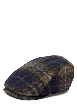 Casquette plate en laine avec un motif écossais bleu marine et gris, mettant en valeur des accents orange et vert. Forme arrondie, texture lisse et visière courbée.
