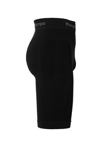 Shorts de compression noirs fabriqués à partir d'un tissu extensible et respirant. Présentent une coupe ajustée et une taille renforcée avec le logo "Kempa".