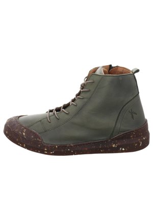 Olive green leather high-top sneaker with brown speckled rubber sole, laces, and a side logo accent. Features a rounded toe and padded ankle support.
