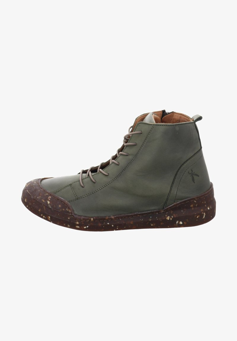Olive green leather high-top sneaker with brown speckled rubber sole, laces, and a side logo accent. Features a rounded toe and padded ankle support.