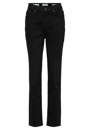 Jeans en denim noir avec une taille haute, une coupe droite, un design à cinq poches et une fermeture à bouton métallique. Texture lisse avec un léger délavage.