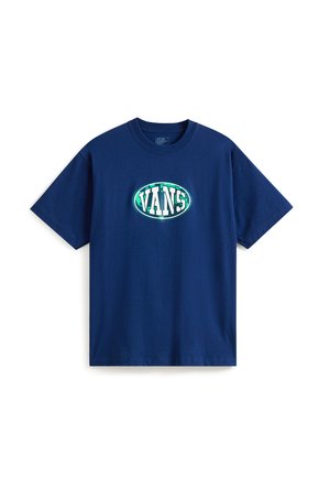 Navyblaue Baumwoll-T-Shirt mit kurzen Ärmeln, das ein ovales Logo in Weiß und Grün mit dem Text "VANS" in der Mitte zeigt. Klassischer Schnitt und Rundhalsausschnitt.