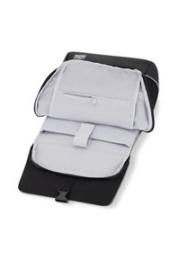 Fekete hátizsák szürke belsővel, cipzáras zsebbel, állítható pánttal és tárolásra alkalmas szervező rekeszekkel.
