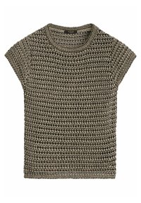 Crochet-style short-sleeve top in neutral gray and beige tones. Features a textured, open weave pattern with a round neckline.