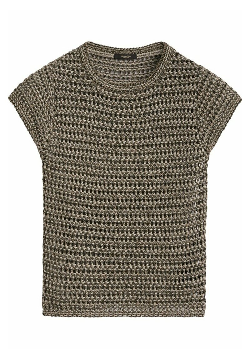 Crochet-style short-sleeve top in neutral gray and beige tones. Features a textured, open weave pattern with a round neckline.