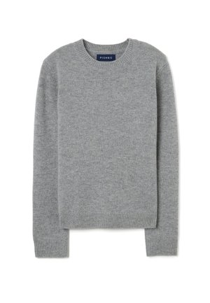 Helles graues Sweatshirt mit Rundhalsausschnitt, aus weichem Strickstoff. Verfügt über lange Ärmel sowie gerippte Bündchen und Saum. Das Etikett ist am Ausschnitt sichtbar.