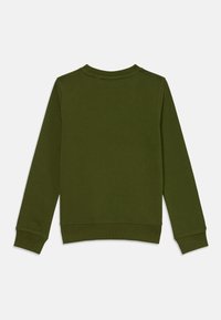 Olivenfarget langermet sweatshirt med ribbede mansjetter og nederkant, vist flatt fra baksiden.