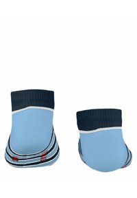 Calzini alla caviglia blu con un polsino ribbed blu navy scuro, caratterizzati da righe bianche e navy. Texture morbida con accenti del logo rosso sul tallone.