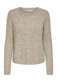 Beige stickad tröja med långa ärmar, rund halsringning och strukturerat mönster med subtila hålmönster genom hela plagget.