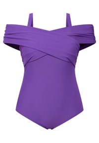 Lilla heldragt badedragt med off-the-shoulder, rynket design. Glat, strækbart stof, der har en tætsiddende silhuet og en klassisk skæring.