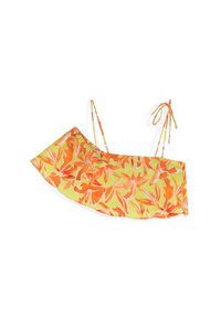 Haut coloré à épaules dénudées avec des motifs floraux orange et jaune. Fabriqué en tissu léger avec des bretelles réglables à nouer.