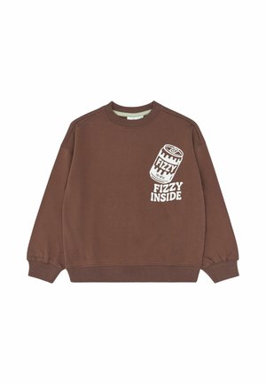 Brązowa bluza z okrągłym dekoltem z białą grafiką puszki napoju gazowanego i napisem „FIZZY INSIDE” na lewej stronie klatki piersiowej.