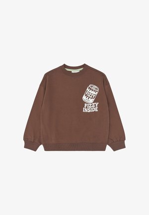 Sweat-shirt marron à col rond avec un graphisme blanc d'une canette de soda et le texte « FIZZY INSIDE » sur la poitrine gauche.