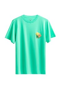Mintgroene T-shirt met korte mouwen van katoen, met een klein patch met kleurrijke vierkanten op de linkerkant van de borst. Ronde hals.