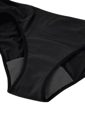 Schwarze Badebikini-Hose mit Netz-Seitenteilen. Glatter Stoff mit matter Oberfläche und elastischem Bund für Komfort.