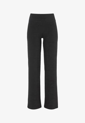 Schwarze Stretchpants mit einem breiten, hohen Bund. Der Stoff ist glatt und weich, mit einem geraden Beinansatz und ohne sichtbare Muster oder Akzente.