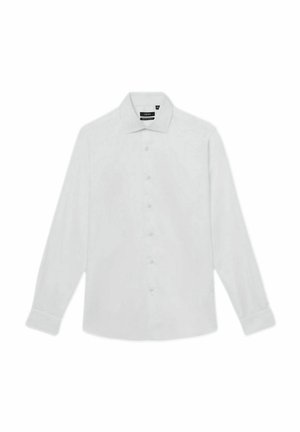 Weißes Langarmhemd mit Button-Down-Kragen, knöpfbarer Frontleiste und Knopfmanschetten. Hergestellt aus einem glatten, leichten Stoff.