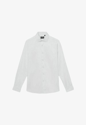 Hvid langærmet skjorte med knap-åbning krave, frontknap-lukning og knapmanchetter. Fremstillet af et glat, let stof.