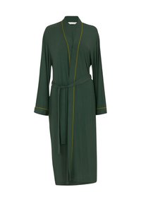 Accappatoio verde in satin con maniche lunghe, design avvolgente, cintura da annodare e profilo giallo lungo i bordi. Texture liscia, taglio a lunghezza ginocchio.