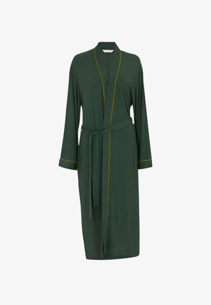 Green satin robe with long sleeves, a wrap design, a tie belt, and yellow piping along the edges. Smooth texture, knee-length cut.
