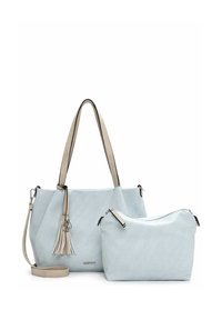 Set di borse in tessuto azzurro, composto da una borsa più grande con due manici e un nappina, accompagnata da una pochette più piccola con cerniera.