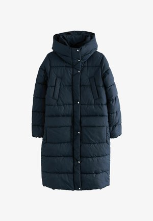 Navy blue puffer coat with a hood, featuring horizontal stitching, snap buttons, and two front pockets. Made of smooth, insulated fabric.