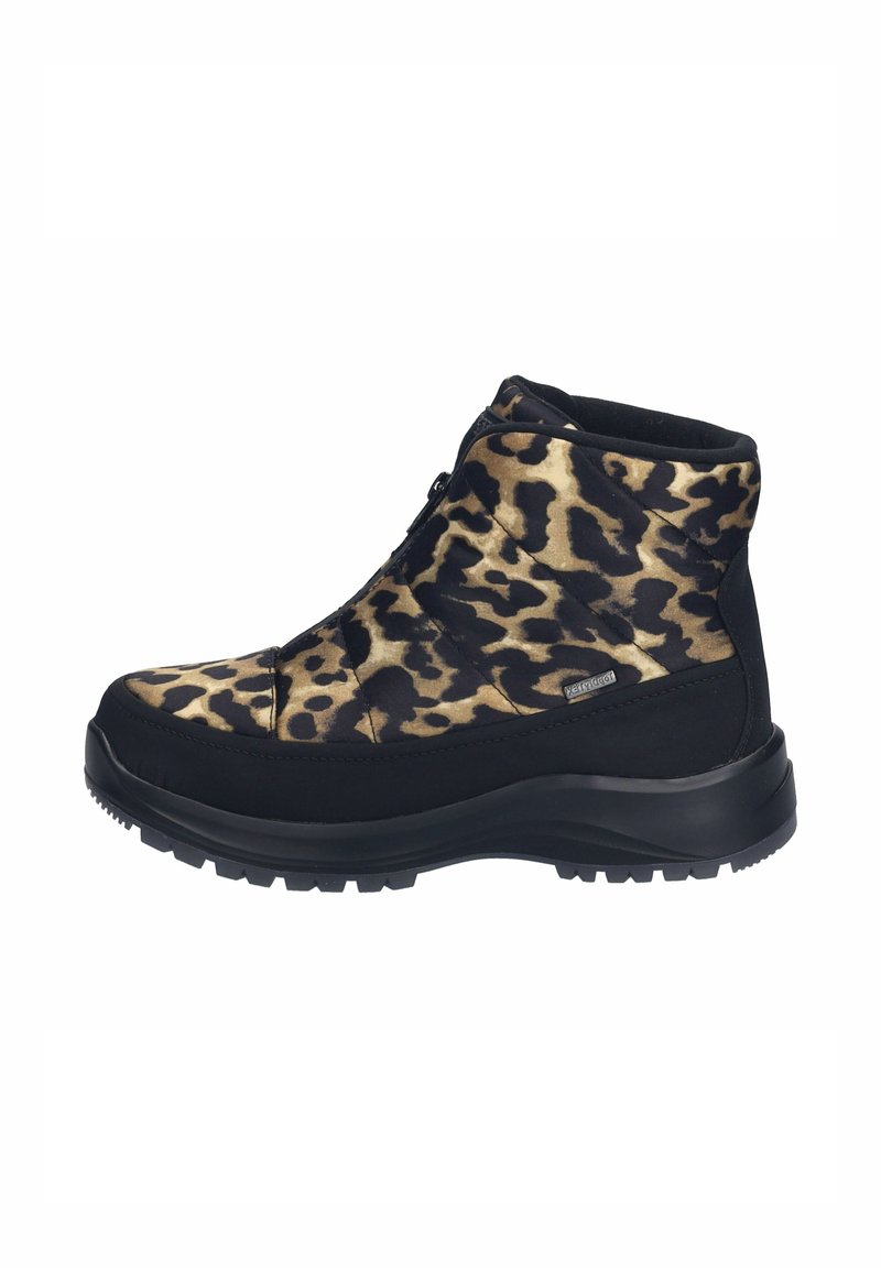 Botines de charol con estampado de leopardo, suela de goma negra, material superior liso y cierre de cremallera para un fácil uso. Altura adecuada para condiciones más cálidas.