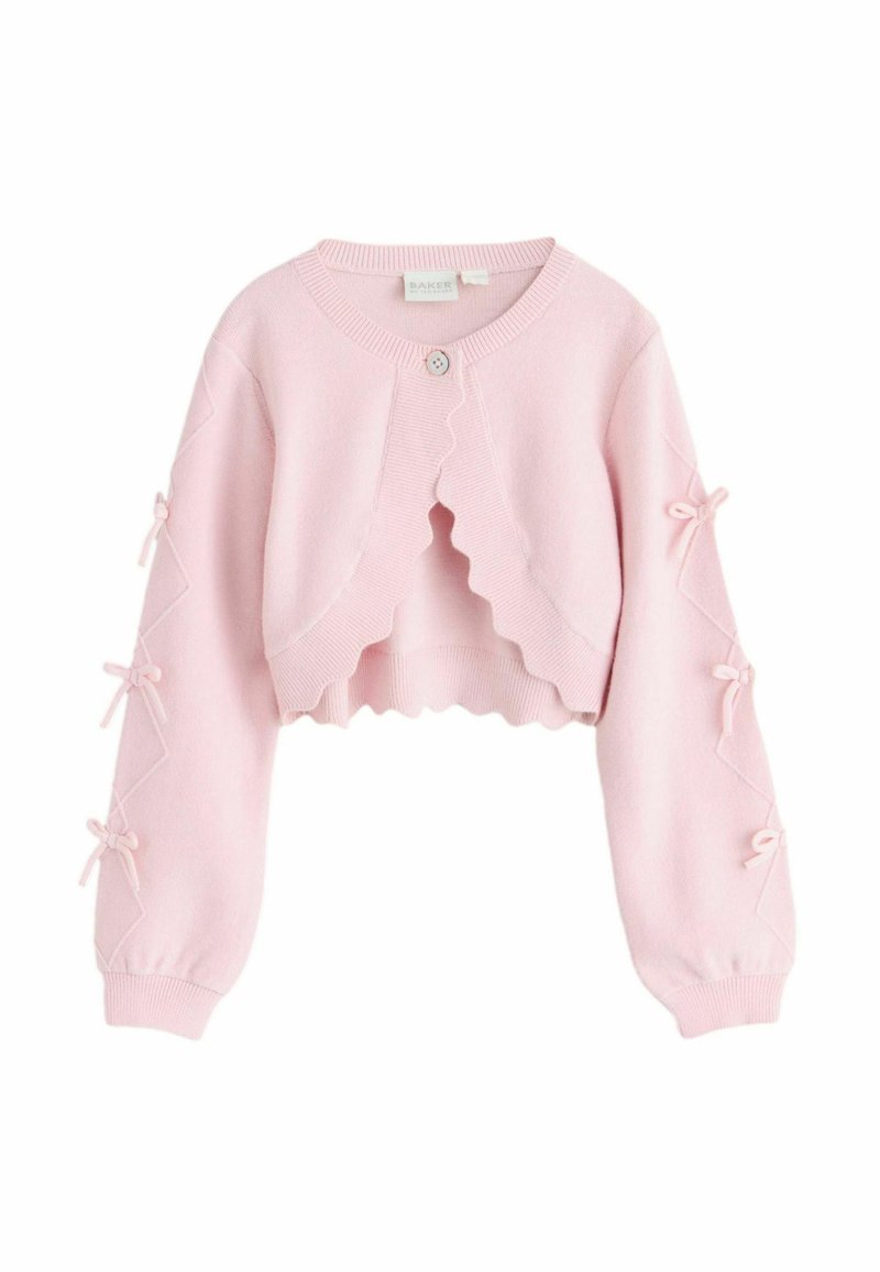 Vaaleanpunainen lyhyt neuletakki, joka on valmistettu pehmeästä neuloksesta. Siinä on aaltoileva etuosa, napillinen suljenta ja sidottavat yksityiskohdat hihoissa.