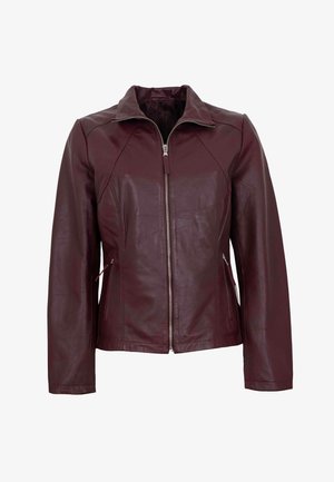 Burgundy leather jacket with a zip front, baseball collar, and side pockets. Features quilted texture and panel stitching for tailored fit.