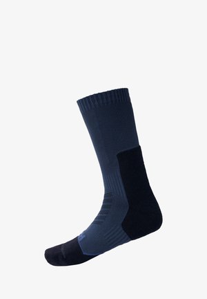 Calcetín azul marino con parte superior acanalada y talón acolchado, que presenta una puntera reforzada y paneles laterales texturizados para mayor durabilidad y comodidad.