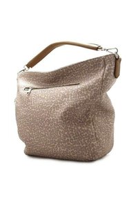 Borsa a tracolla a motivo leopardato in beige con manico in pelle marrone; presenta una tasca con zip frontale e una forma rilassata e morbida.