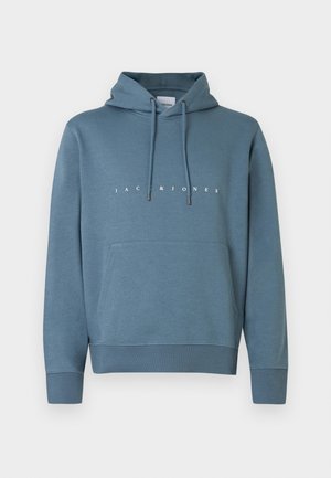 Blue hooded sweatshirt made of soft material. Features a front pouch pocket, drawstrings, and the brand name "JAC & JONES" in white lettering.