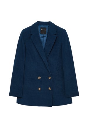 Blazer en velours côtelé bleu marine avec boutons dorés croisés, revers structurés et manches longues. Doublure lisse visible à l'intérieur.