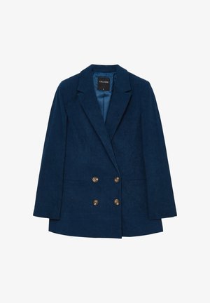 Navy blue corduroy blazer with double-breasted gold buttons, structured lapels, and long sleeves. Smooth lining visible inside.