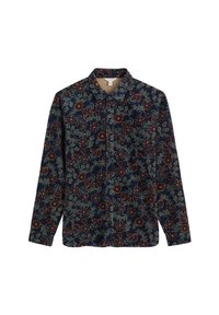 Tumši zils krekls ar ziedu rakstu un sarkaniem un zaļiem akcentiem, ar garām piedurknēm. Izgatavots no teksturēta auduma, ar pogām aizsietu apkakli un krūšu kabatu.