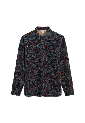 Košeľa s dlhými rukávmi s kvetinovým vzorom v tmavomodrej farbe s červenými a zelenými akcentmi. Vyrobená z textúrovanej látky, s golierom na gombíky a náprsné vrecko.