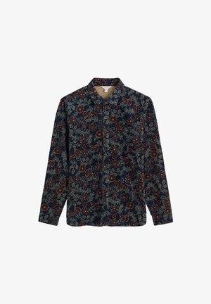 Košeľa s dlhými rukávmi s kvetinovým vzorom v tmavomodrej farbe s červenými a zelenými akcentmi. Vyrobená z textúrovanej látky, s golierom na gombíky a náprsné vrecko.