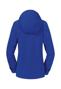 Giacca impermeabile blu con cappuccio, maniche lunghe e polsini regolabili. Texture liscia e design minimalista. Adatta per l'uso all'aperto.