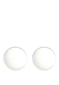 Orecchini a perno circolari bianchi con una finitura liscia e lucida. Realizzati in metallo con un design semplice, adatti per l'uso quotidiano.