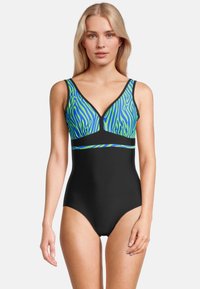 Maillot de bain une pièce noir avec un haut en imprimé zèbre coloré, présentant un décolleté en V, des bretelles larges et une texture lisse.