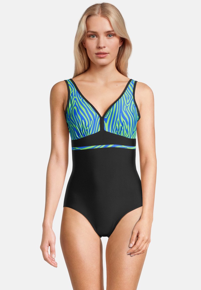 Maillot de bain une pièce noir avec un haut en imprimé zèbre coloré, présentant un décolleté en V, des bretelles larges et une texture lisse.