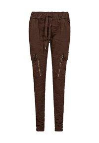 Brązowe spodnie cargo z elastycznym pasem, sznurkiem regulacyjnym, bocznymi kieszeniami na zamek błyskawiczny i pogniecioną teksturą. Slim fit.