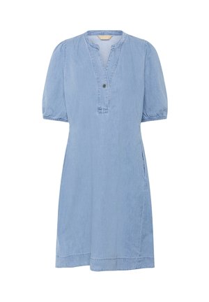 Hellblaues Denim-Kleid mit Puffärmeln, Henley-Ausschnitt, einem Knopfdetail und Seitentaschen, ausgestattet mit einem lockeren Schnitt und gerader Silhouette.