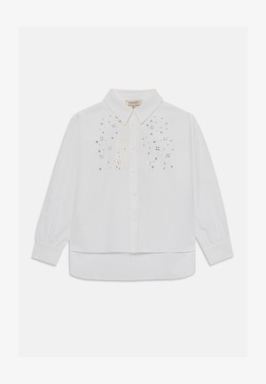 Λευκό πουκάμισο με κουμπιά και μακριά μανίκια, που διαθέτει ένα διακριτικό σχέδιο από παγιέτες μπροστά και στρογγυλή κολεγιά. Φτιαγμένο από ένα ελαφρύ ύφασμα.